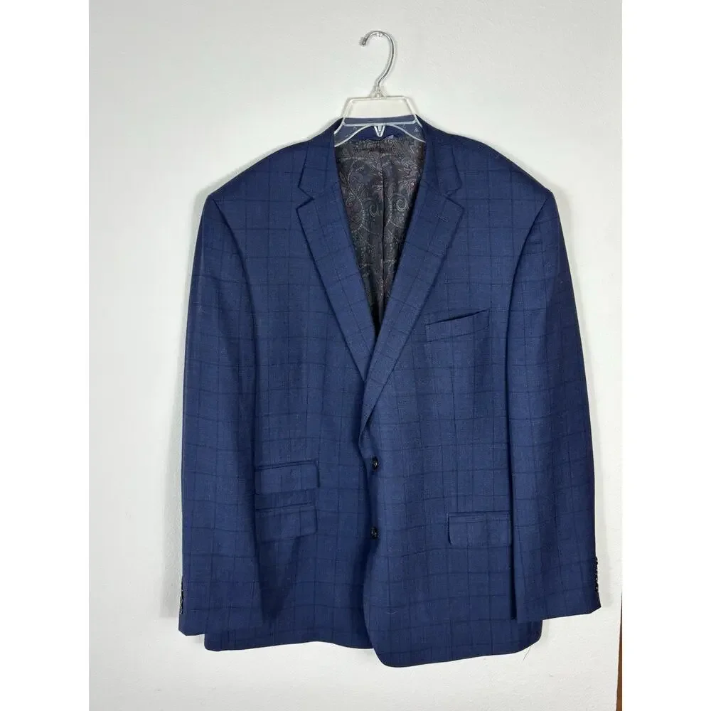 Ralph by Ralph Lauren Mens 50L Navy Blue Windowpane Plaid Wool Blend Blazer
